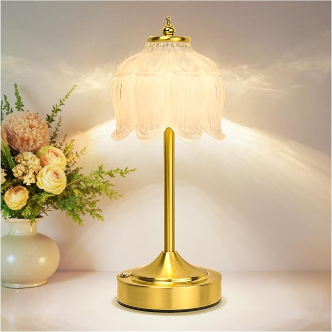 Cordless Table Lamp, Rechargeable White Glass Lotus Flower Lamp | 5200mAh touch lamp with 3 color modes and stepless dimming, battery operated lamp for nightstands and kitchen counters