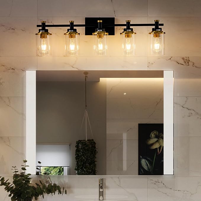 5-Lights Bathroom Light Fixtures, Gold and Black Bathroom Vanity Light Over Mirror, Brushed Gold Bathroom Light Fixtures with Clear Glass Shade for Hallway, Living Room