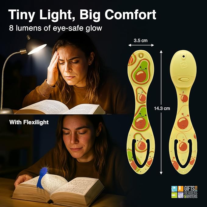 Gifts for Readers & Writers Book Light, Clip On Reading Light for Bed, 2in1 Flexilight & Bookmark, Small & Lightweight with a Soft Glow, 2 Batteries Included, Avocado