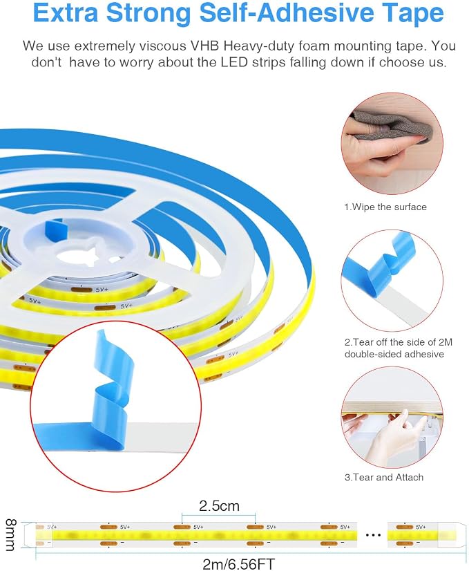 Aclorol 5V COB LED Strip Lights 6000K Cold White USB LED Strip Lights for Bedroom 8mm Width High Density 320LEDs/M Bright for TV Monitor Backlights Under Cabinet Counter Display Case CRI90+ (2 Pack)