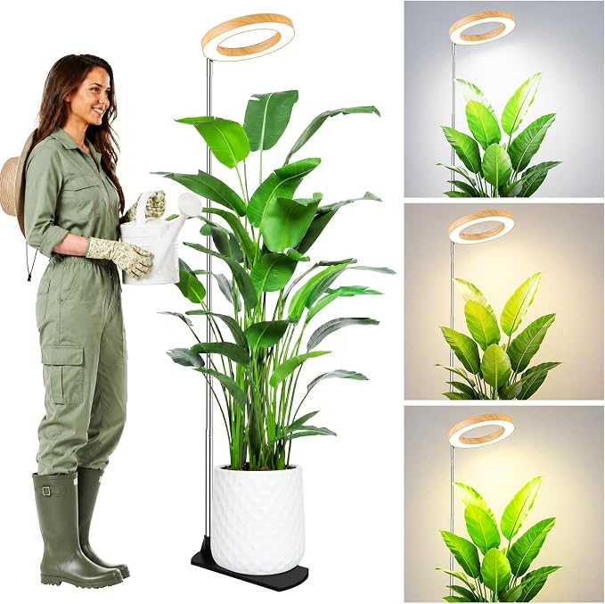Grow Lights for Indoor Plants, 6.3" Full Spectrum Plant Light with Base | Bamboo Grain Grow Lamp, 65" Adjustable for Indoor Garden Tall Large Plants, 6/8/12/16H Auto Timer, 3 Colors, 5 Brightness