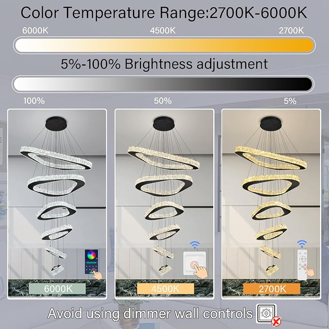Modern Crystal Chandeliers for High Ceiling 6 Ring Chandelier LED Black Ceiling Lights Fixtures High Ceiling Chandelier for Foyer Staircase Living Room Dining Room 2700K-6000K