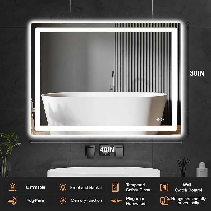 LED Bathroom Mirror with Lights, 30 x 40 Lighted Vanity Wall Mirror | Backlit and Frontlit, Anti-Fog, Dimmable 3 Colors, Shatter-Proof Tempered Glass, Memory Function, Plug-in/Hardwired