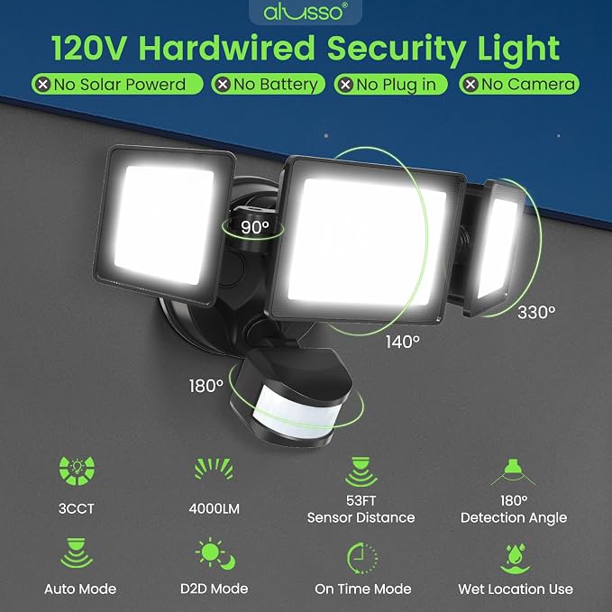 ALUSSO Motion Sensor Outdoor Lights, 40W 4000LM Flood Lights Outdoor 120V | 3CCT 3000K/4000K/6500K 3 Modes(Auto/Dusk to Dawn/On Time) Hardwired(Not Solar) Security Light for Garage Yard Porch,Black,ETL