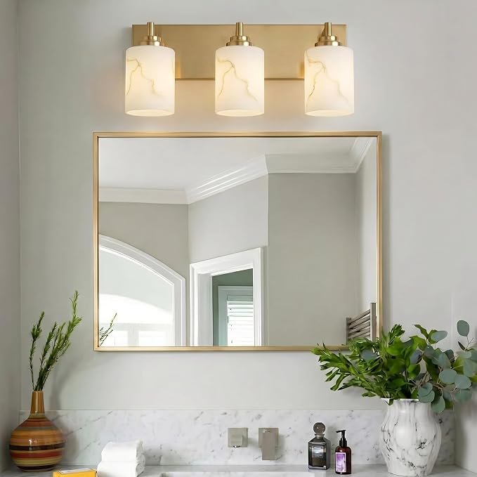 3-Light Bathroom Light Fixture, Gold Modern Vanity Light with White Marble Glass Shade, for Bathroom Mirror, Living Room, Bedroom, Hallway, E26 Base, Extended Base