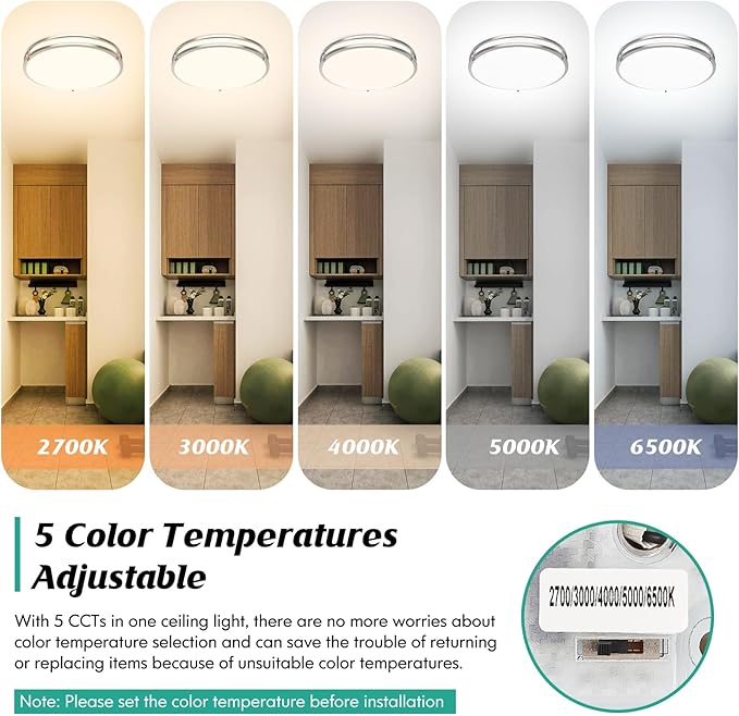 LED Flush Mount Ceiling Light Fixture, Dimmable 5CCT Selectable 2700K Warm White-6500K Super Bright Daylight White, 18 Inch 50W 6000LM Round Brushed Nickle Ceiling Lamps for Living Room Kitchen, 1PACK