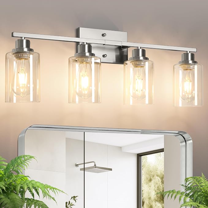 Ascher Bathroom Light Fixtures, 4-Light Vanity Light Over Mirror, Brushed Nickel Wall Sconces with Clear Glass Shades, Wall Lamp for Living Room Bedroom, E26 Base(Bulbs Not Included)