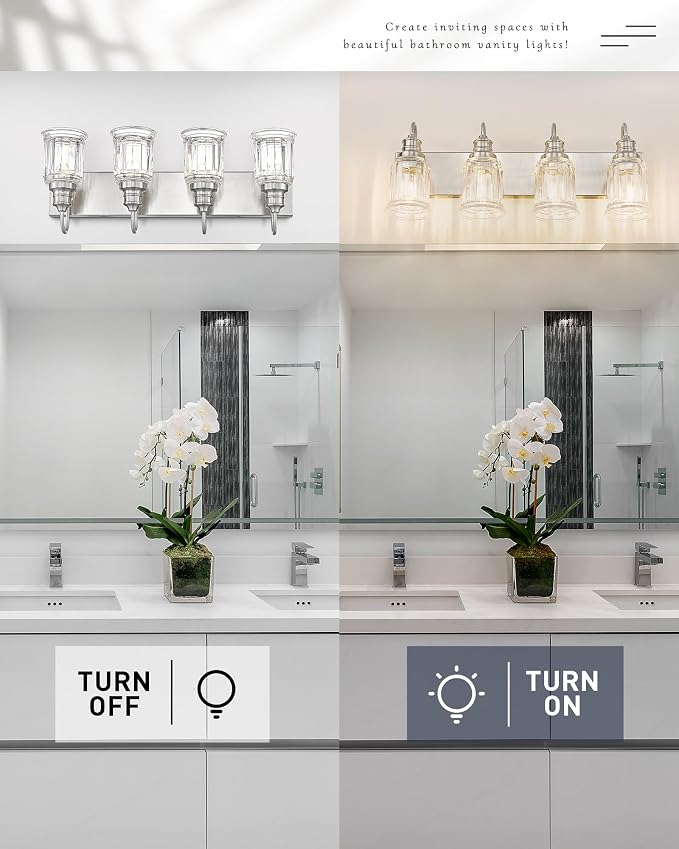 Brushed Nickel Bathroom Light, HWH 4-Light Vanity Lights for Bathroom Vanity Sconce Over Mirror, Wall Mounted Light Fixtures with Bell-Shaped Striped Glass, 5HZG106B-4W BN