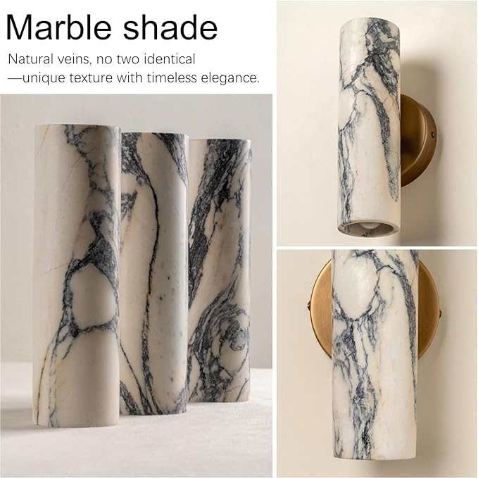 9.45 Inch Alabaster Wall Sconces, Nordic Style Natural Stone Wall Lamp, Marble Lampshade Up and Down Lighting Fixtures, Metal Base Hardwired Indoor Wall Light for Bedroom Bedside Hallway
