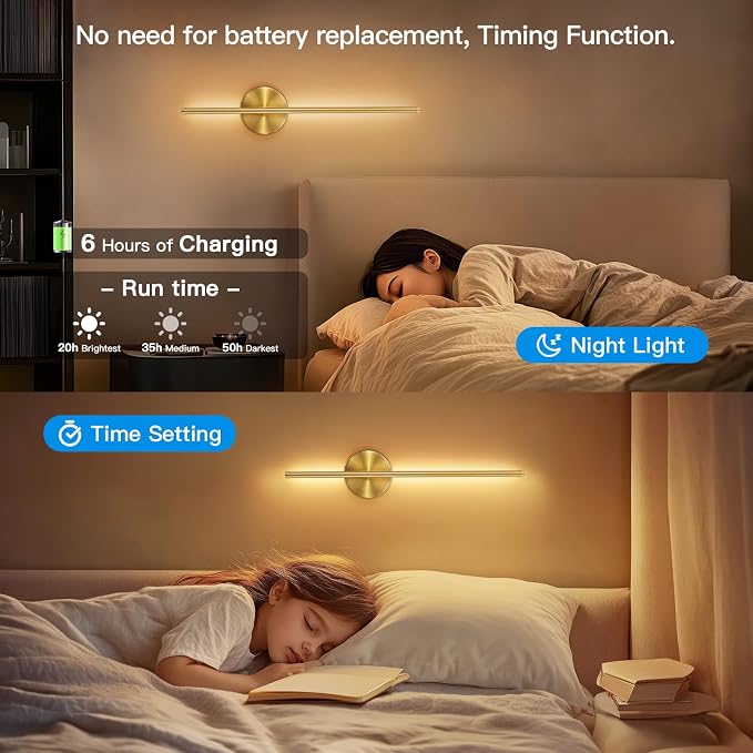 TBattery Operated Wall Sconces Set of Two, Wireless Wall Sconces 24 Inch | Rechargeable, Remote Control, Dimmable, 360°Rotate, Cordless Wall Light Decor for Living Room, Hallway, Timing, Gold