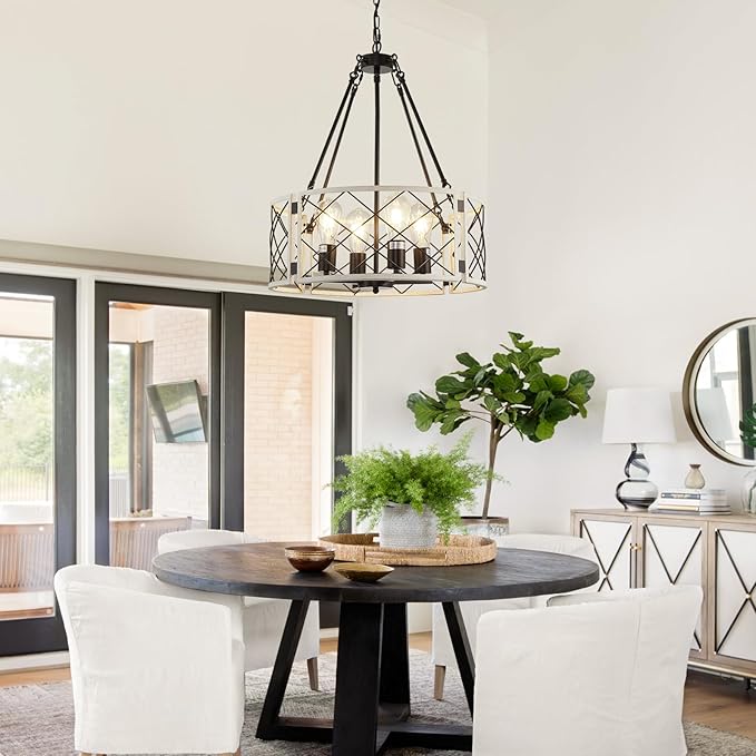 20'' Farmhouse Chandelier, 4-Light Black & Vintage White Dining Room Light Fixture Over Table, Rustic Industrial Drum Hanging Pendant Lights for Kitchen Island Living Room Bedroom Hallway Entryway