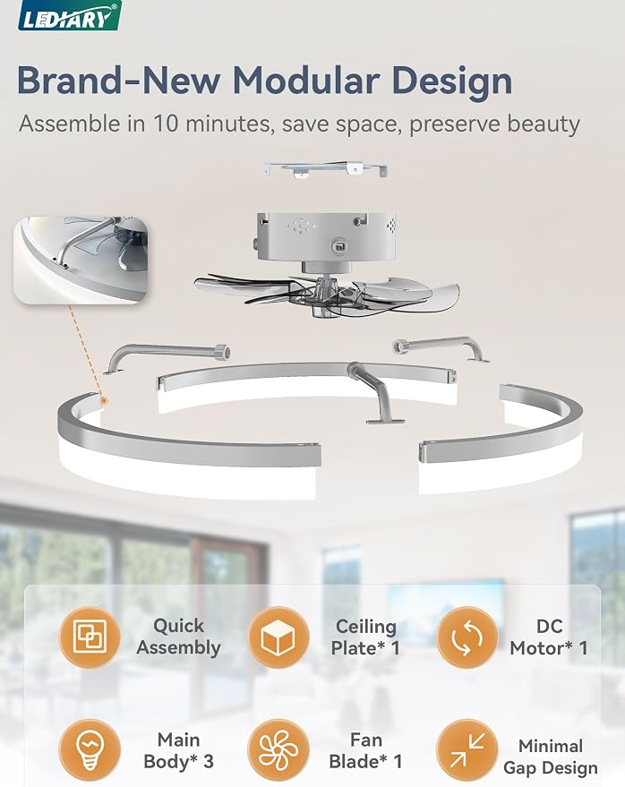 LEDIARY 20" Low Profile Ceiling Fans with Lights, APP & Remote, Grey | Flush Mount, Dimmable LED, Quiet DC Motor, Reversible, 6 Speeds, Fandelier, for Bedroom