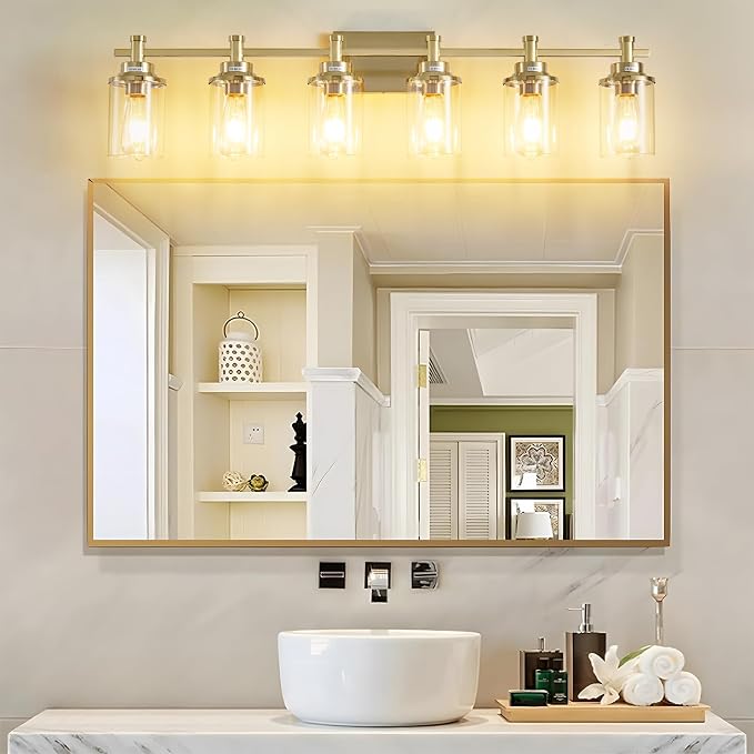 Brushed Brass 6-Light Vanity Light Fixtures with Clear Glass Shades Over Mirror for Bathroom, Living Room, Hallway