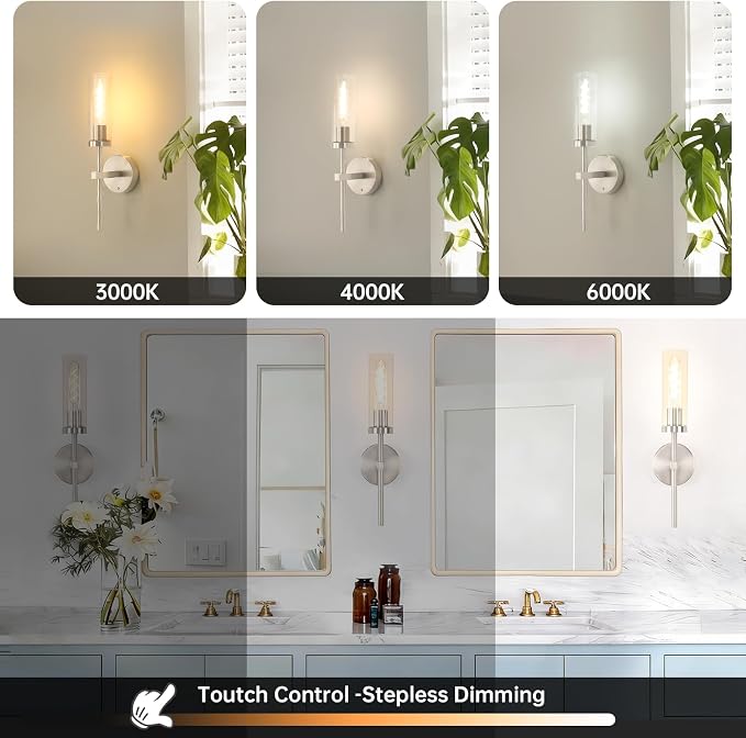 Shenmoyl Battery Operated Wall Sconces Set of 2, Nickel Rechargeable Wall Lighting Fixtures, Dimmable Wall Lights with Remote & Clear Glass Shade for Living Room, Bathroom,Bedroom