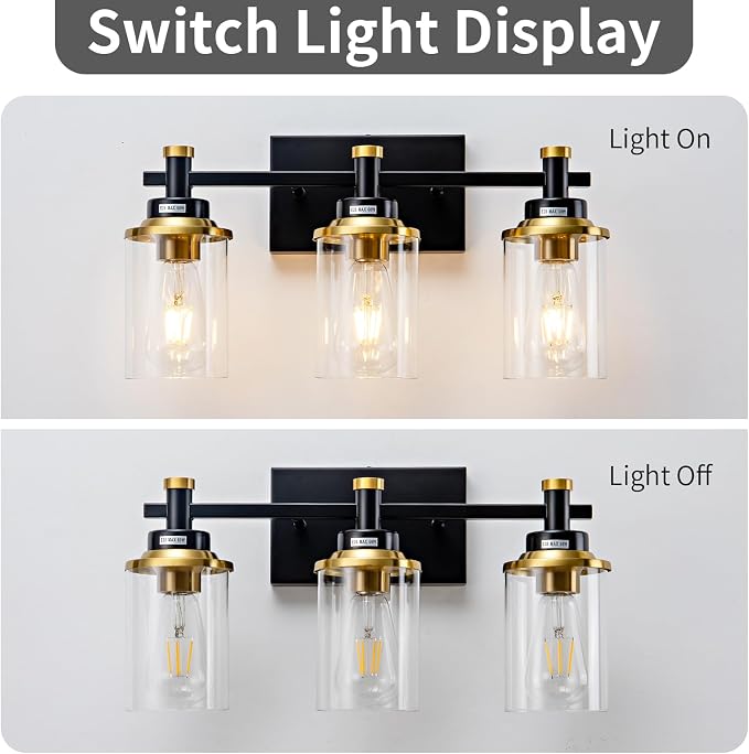 3 Light Bathroom Light Fixtures, Black and Brushed Gold Vanity Light Fixture Over Mirror, Modern Wall Sconces Lighting Wall Lamp for Bathroom, Bedroom, Hallway with Clear Glass Shade