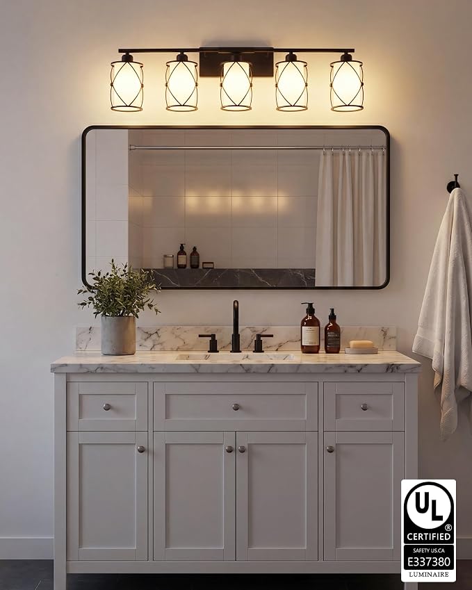 5-Light Oil Rubbed Bronze Bathroom Light Fixtures Over Mirror, 38" UL-Listed Modern Farmhouse Wall Sconce Lights with Milk White Frosted Glass and Metal Cage for Bath, E26, CH9176ORBW-5W