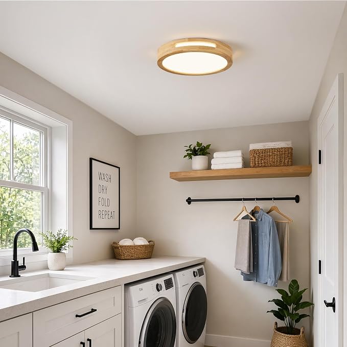 Pevfah Modern Wood Flush Mount Ceiling Light, Round Dimmable Close to Ceiling Lighting Fixtures, Minimalist LED Ceiling Lamp for Bedroom, Kitchen, Hallway, Laundry Room, 2700K-6000K 5CCT, 11.81in