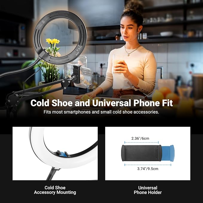 NEEWER Entry Level Version N41 8" LED Ring Light with Desk Clamp Stand/Remote, Overhead Phone Mount Holder Compatible with iPhone, Streaming Video Recording Selfie Nail Tech Food Photography Lighting