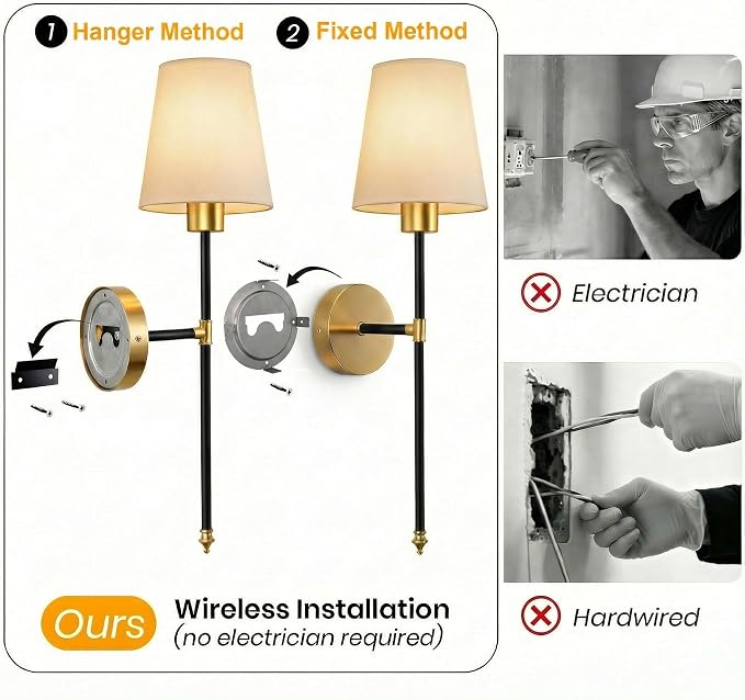 IRONPAX Wall Sconces Battery Operated Set of 2, Wireless Rechargeable Wall Sconce Set of Two, Dimmable Wall Lights with Remote for Bedroom Living Room Hallway Decor (Black-Gold, Fabric Shade)