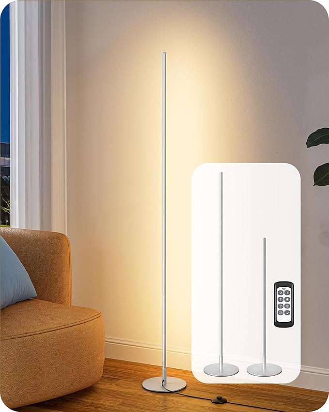 EDISHINE 59.8" Corner Lamp with Remote & 3 Height Settings, Dimmable & 3CCT | Adjustable Color Temperature, Foot Switch, Metal Base, Slim Floor Lamps for Living Room, Bedroom, Study, Silver