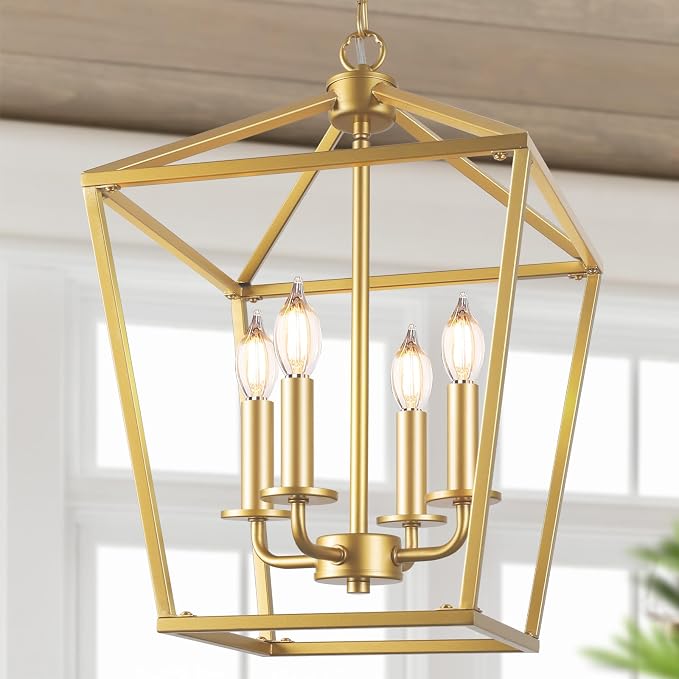 Gold Farmhouse Chandelier, 4-Light Foyer Lighting Fixtures for Dining Room | Industrial Kitchen Lantern chandelier Over Table, Pendant Island Ceiling Light for Entryway, Metal Cage Adjustable Height