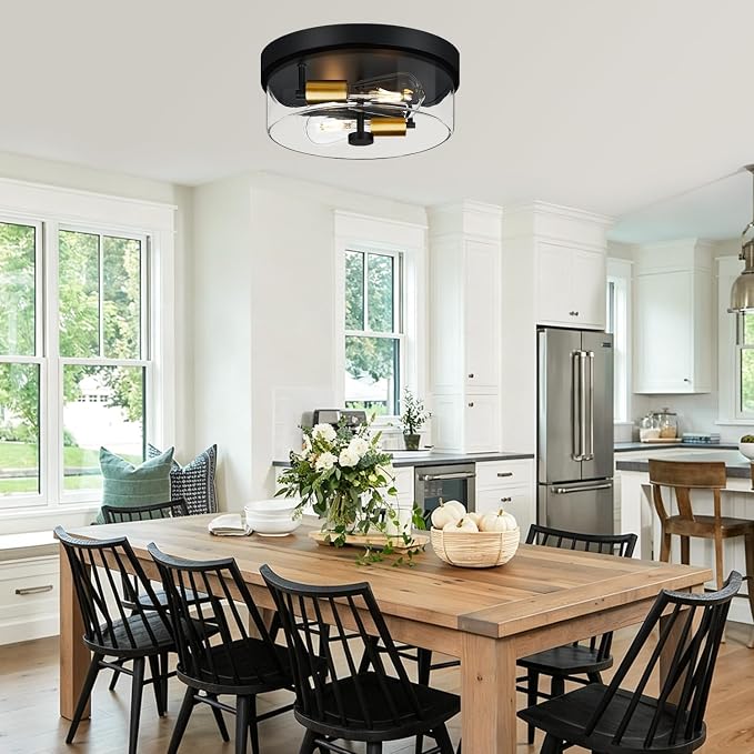 szzgco Flush Mount Ceiling Light Fixtures, 2-Light Black and Gold Ceiling Mount for Farmhouse with Clear Glass Lampshade, Industrial Flush Mount Light Fixture for Hallway, Kitchen, Entryway and Foyer
