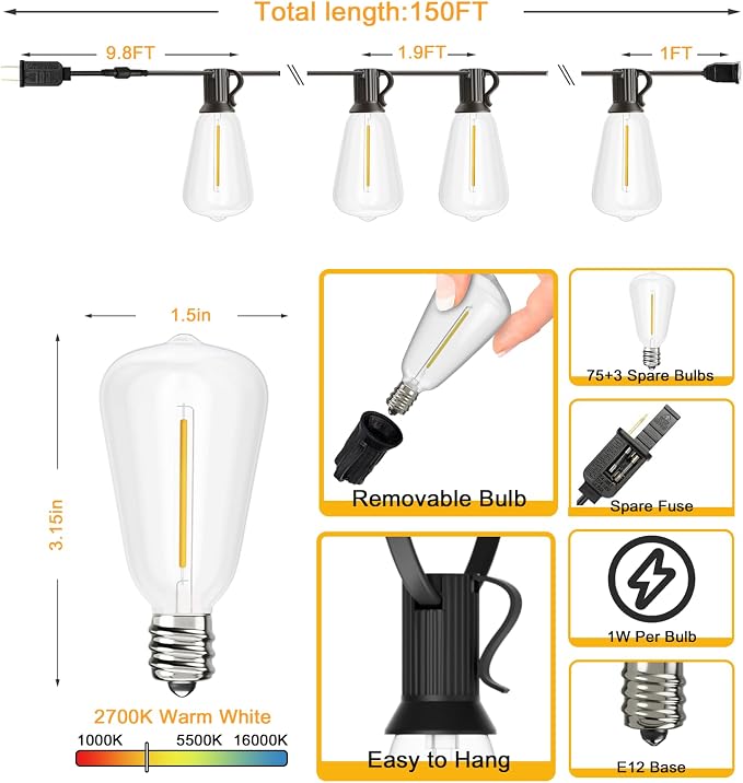 Svater Outdoor String Lights 150 FT Outside Patio Light 78 LED Bulbs | Waterproof Hanging Lighting For Bistro Cafe Market Backyard, Shatterproof Dimmable Edison Bulb, Warm White 2700K