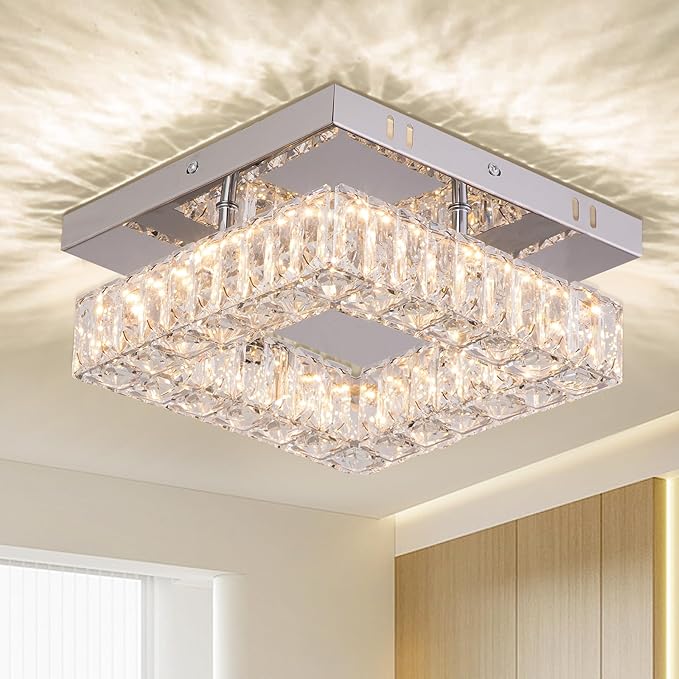 9.8" Modern Mini LED Chandelier Crystal Ceiling Light Flush Mount Ceiling Light for Hallway Foyer Kitchen Closet 3000 K Warm White