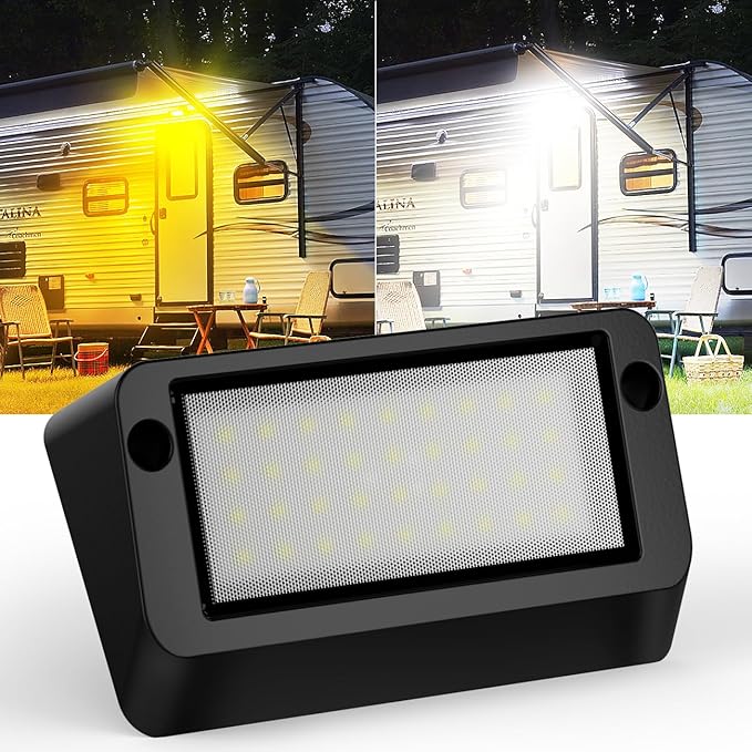 RV LED Porch Light, Exterior Outside Lighting for Camper Trailer | Aluminum Housing, Dual Color White Amber, 1400 LM High Brightness, IP67 Waterproof, Works with RV's Interior Switch- Black