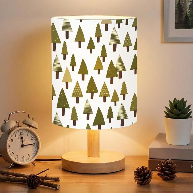 Woodland Kids Table Lamp for Bedroom Kids Bedside Lamp with Linen Wooden Nightstand Cartoon Nursery Lampshade for Girls Boys Living Room