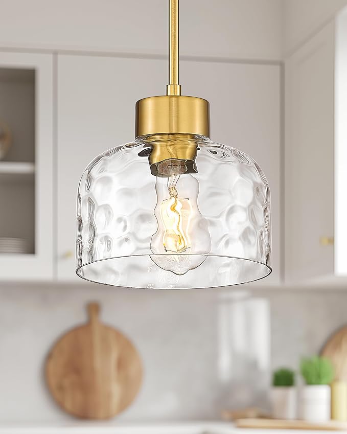 2-Pack Pendant Lights Kitchen Island, 8" Brushed Gold Hanging Light Fixtures with HHammered Glass, Modern Brass Kitchen Pendant Lighting Over Island for Dining Room, AD-24024-1P2L-GD-H