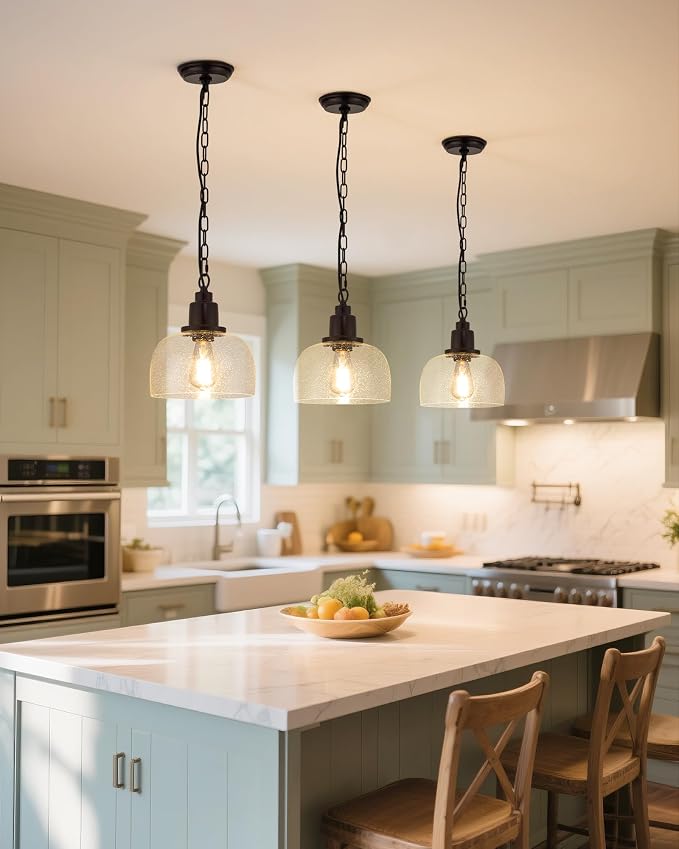 EAPUDUN 1-Pack Farmhouse Pendant Light, 1-Light Industrial Hanging Light Fixture with 9.3" Round Seeded Glass Shade, Dark Bronze Finish, Vintage Ceiling Lighting for Kitchen Island & Dining Room