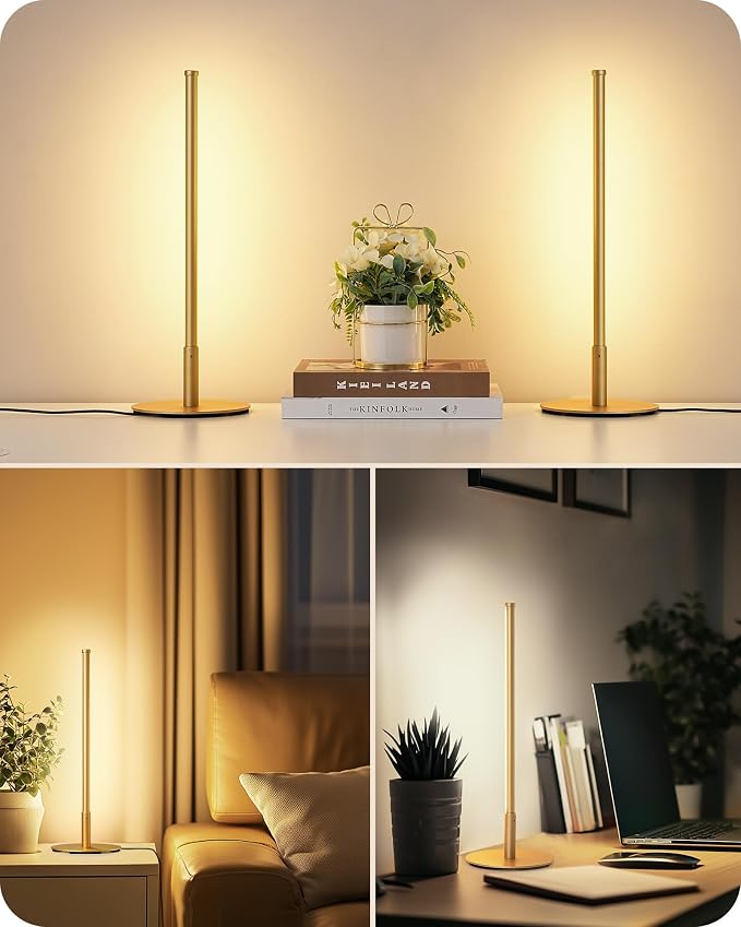 EDISHINE LED Table Lamp Set of 2, Modern Desk Lamps for Living Room, Gold | Stepless Dimmable, Metal Finish, 3 Color Temperature, 6W, Ideal for Bedroom, Corner