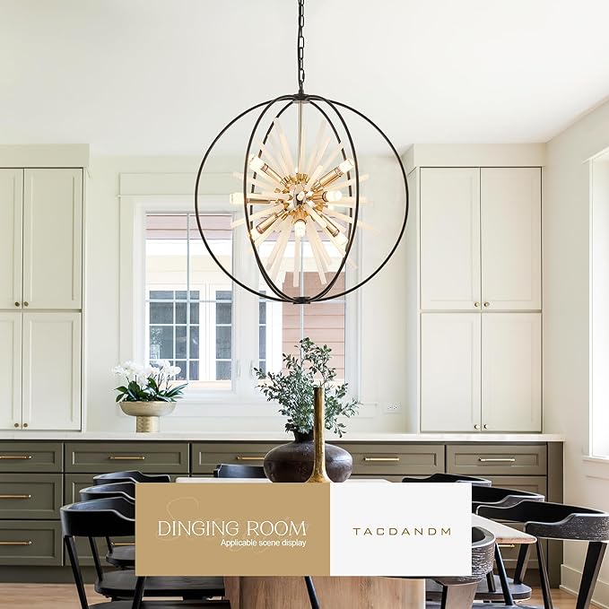 23.6" Black Gold 12-Light Globe Sputnik Chandelier Modern Firework Hanging Ceiling Glass Tube Pendant Light Fixture for Entryway Foyer Staircase Dining Living Room Hallway