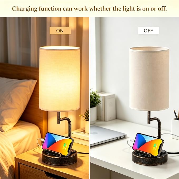 Dreamholder 2 Pack Table Lamp, Bedside Lamp with 3 USB Charging Ports & AC Outlet, USB Desk Lamp with 2 Phone Holders, Linen Fabric Shade Nightstand Lamps for Bedroom Living Room Office, Antique Brass