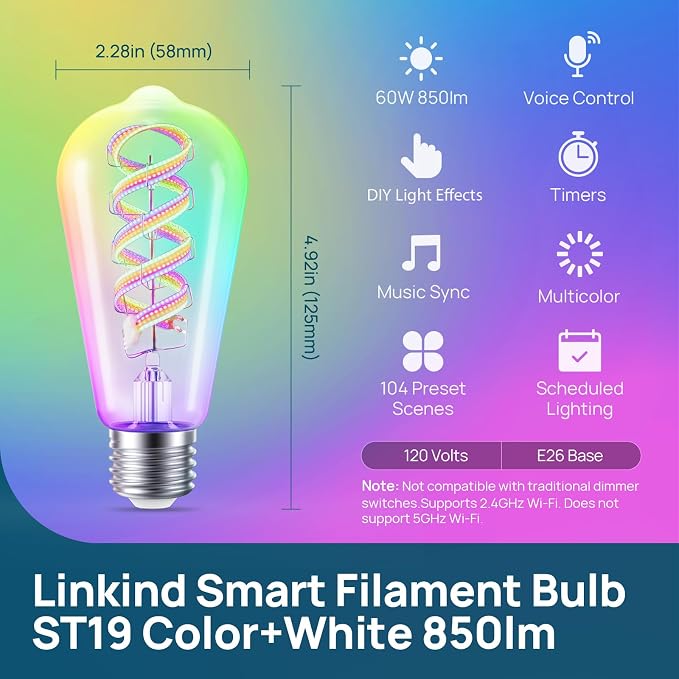 Linkind Matter Smart Edison Light Bulbs, ST19 (58) Vintage Bulbs, 1 Pack | RGB Color Changing, Work with Alexa/Apple Home/Google, 2700K-6500K Warm White to Daylight, E26 LED Filament, 2.4G WiFi, 850LM