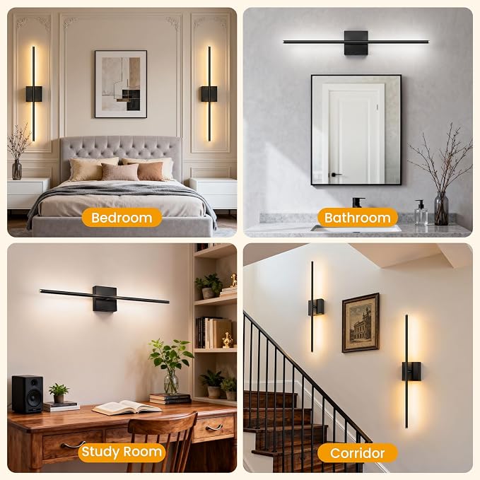 28 Inch Hardwired Wall Sconces Set of Two, Modern Black Wall Lights | 2700K-6500K,LED Wall Sconce With Remote,350°Rotatable ,Memory Function,Dimmable for Living Room, Hallway, Bedroom