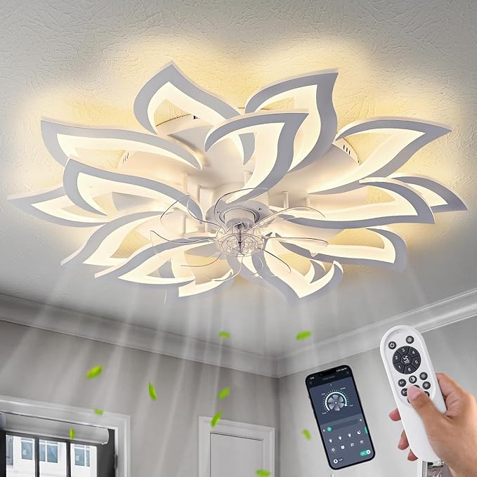 35" White Modern Ceiling Fan with Lights Remote Control, 6 Speeds 3 Light Color Low Profile Flush Mount Ceiling Fan with Light for Kitchen Living Room
