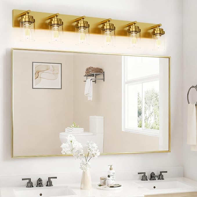 IZORRO Bathroom Vanity Light Fixture, 6-Light 46 Inch Gold Bathroom Light Fixtures Over Mirror, with Clear Glass Shade, Modern Farmhouse Vanity Lights, Rustic Restroom Lighting Fixtures