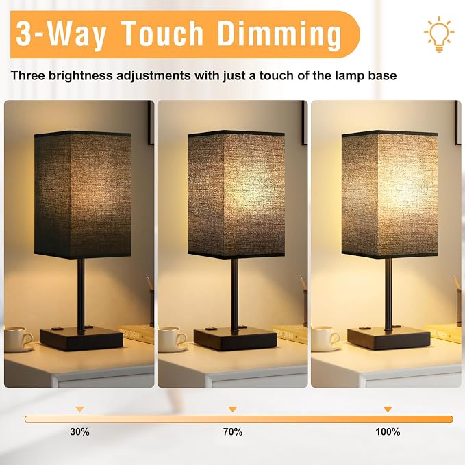 17.4" Black Bedside Table Lamp for Bedroom, Dimmable, USB C+A, 2 AC Outlets | 3-Way Touch Dimming, 3000K Warm White Bulb Included, Nightstand Lamp with Square Linen Shade, Room Decor for Men, Boys, Desk