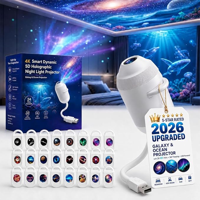 2027 Upgraded Plug and Play Hd Star Projector with 24 Films, Hd Smart Dynamic 5D Holographic Night Light Projector, 2-in-1 Galaxy Star Projector, 360 Rotating, Usb Powered (With 24 Films)