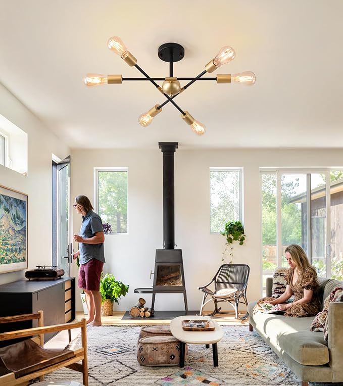 Modern Semi Flush Mount Ceiling Light Fixture Black and Gold Close to Ceiling Light 6-Light Sputnik Chandelier Light Fixture for Hallway Entryway Bedroom Kitchen Dining Room UL Listed