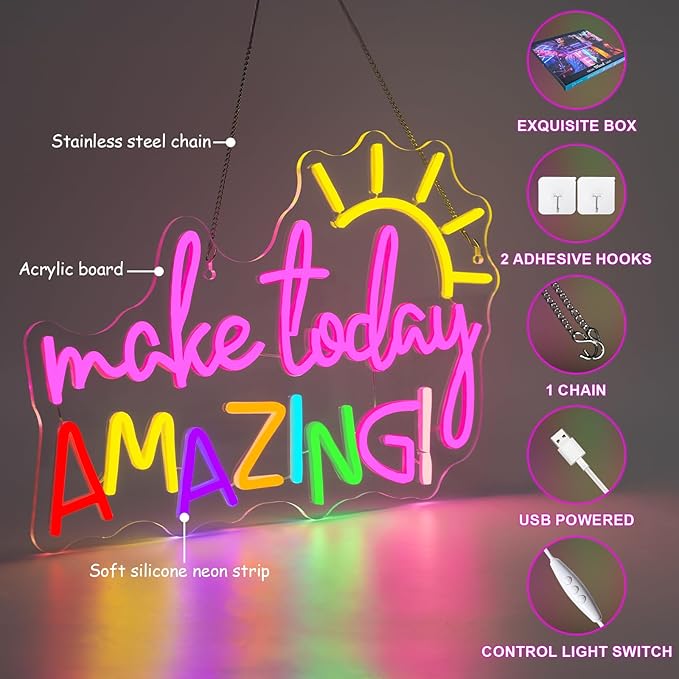 Make Today Amazing Neon Sign Classroom Wall Decor Reading Neon Signs with Sunrise LED Lights for Bedroom Reading Corner Lights Up Sign for Library Study Office LED Gift for Teens Teachers