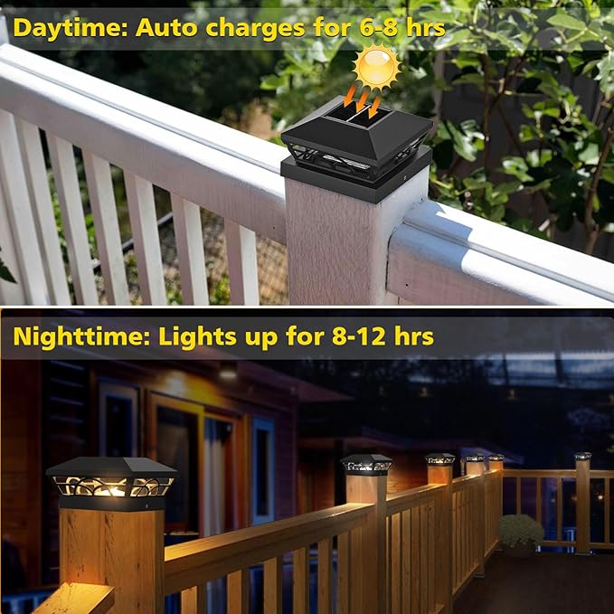 T-SUN Solar Post Cap Lights 12 Pack – Outdoor Waterproof Fence Lights for 3.5x3.5 4x4 5x5 5.5x5.5 Wood/Vinyl Posts, 2 Modes Warm White/White, Solar Deck Light for Patio, Garden, Porch (Black)