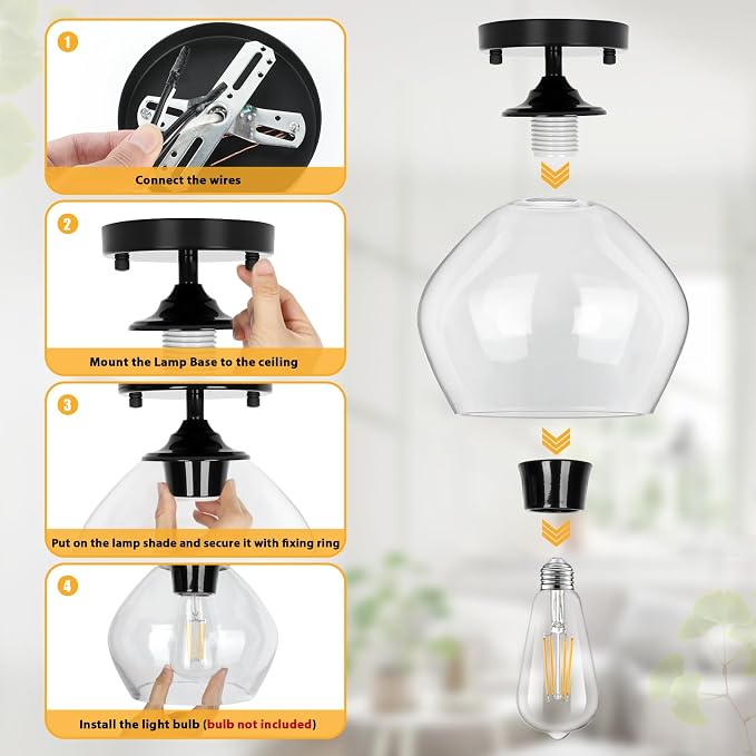Modern Semi Flush Mount Ceiling Light with Clear Glass Shade, Black | Quick & Easy Installation, Premium Quality, Perfect for Hallway Kitchen Entryway Laundry