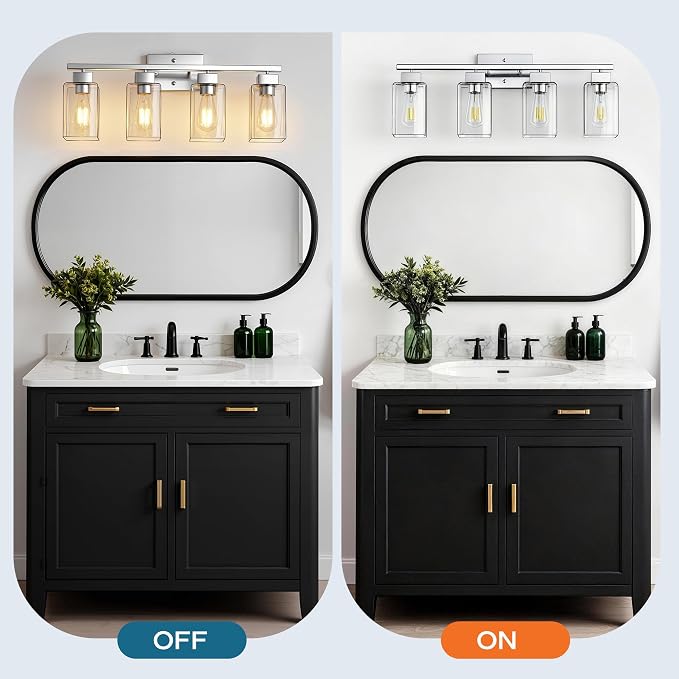 4-Light Bathroom Light Fixtures, Brushed Nickel Modern Vanity Lights, Bathroom Lighting Fixtures Over Mirror, Square Design Farmhouse Wall Sconces with Clear Glass Shades