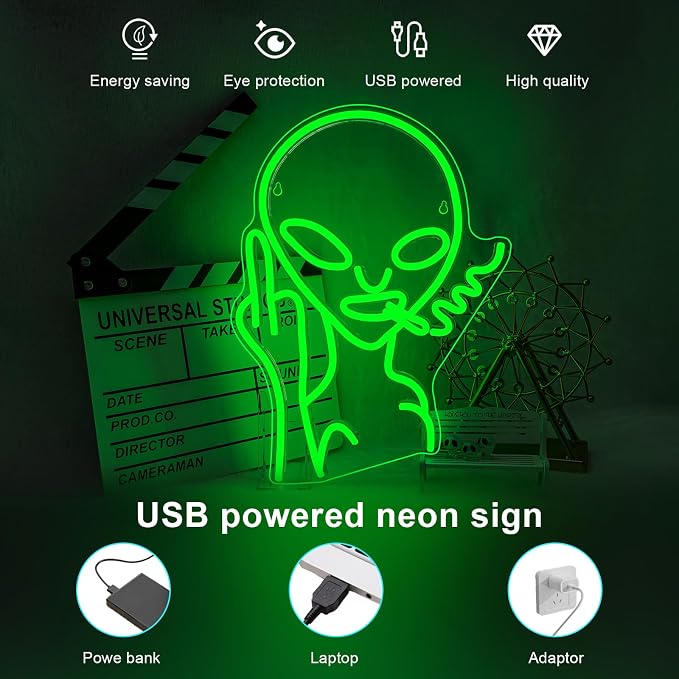 Green Alien LED Neon Signs for Wall Decor Shop Bar Pub Man Cave Game Room Decor Hip Hop Party Signs For Green Bedroom Wall Decor Birthday Party Funky Aesthetic Room Decor