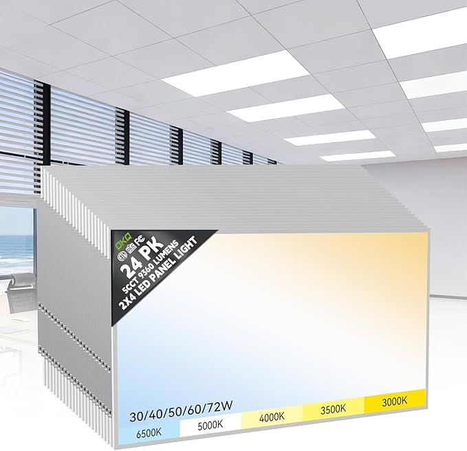 OKQ 2x4 LED Flat Panel Light Drop Ceiling Office Shop Commercial Warehouse Fixture, 5 CCT 3000K-6500K Adjustable & 5 Wattage Selectable,6000Lm 0-10V Dimmable, ETL Listed (24Pack)