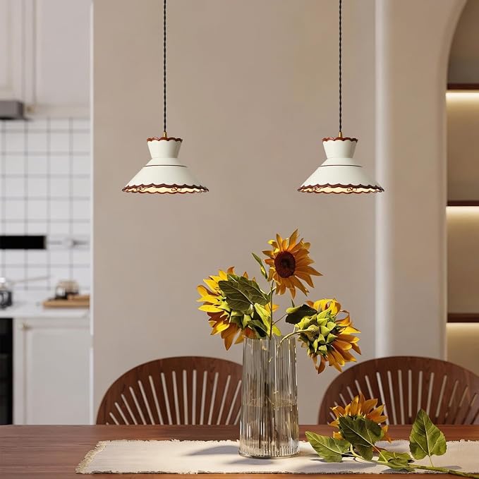 Vintage Ceramic Pendant Light, 9.5" Farmhouse Scalloped Hanging Light, Cream White Pendant Lighting with Painted Bowknot for Kitchen Island, Dining Room, Bedroom Bedside, Cafe