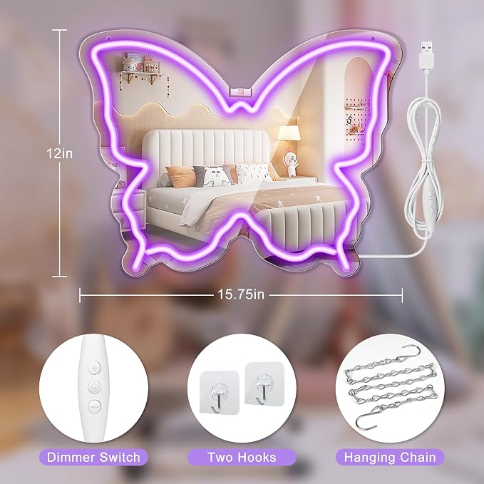 Butterfly Neon Sign Mirror, LED Neon Signs for Wall Decor, 15.7'' x 12'' Dimmable Neon Light for Teen Girls & Kids Birthday Party Gift, Neon Sign for Bedroom Decor, Wall Mirror, USB Powered (Purple)